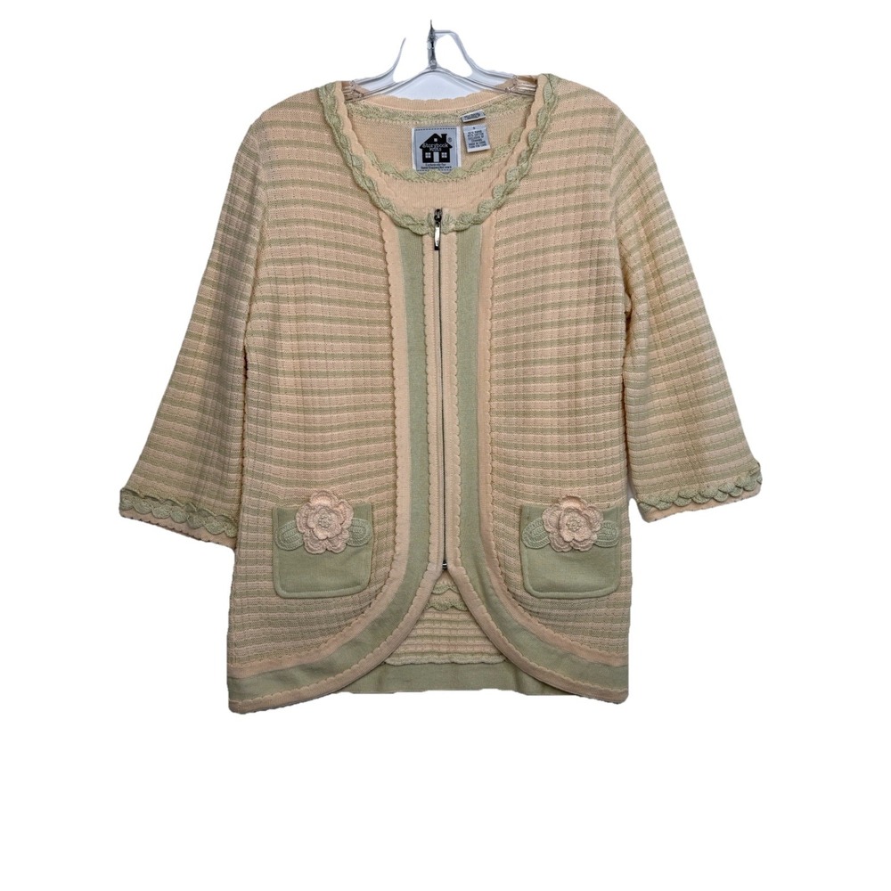 Storybook Knits Full Zip Cardigan Tank‎ Top Set Green Peach Grannycore Cottage S